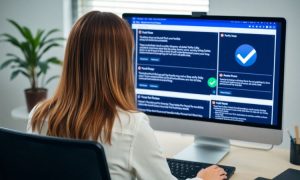 Imagen de una mujer que está sentada frente a su escritorio de oficina y trabajando en su ordenador. Vemos a la mujer de espaldas, de forma que la cámara enfoca a la pantalla del ordenador. En la pantalla del ordenador se pueden ver varias publicaciones de redes sociales de texto y varios tics de verificación sobre estas. La mujer es una fact-checker o verificadora de contenido.