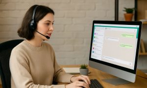 Imagen de una mujer especializada en atención al cliente chateando con clientes por whatsapp.