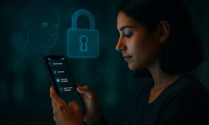 Una joven concentrada mientras usa su smartphone en un entorno oscuro. En la pantalla del móvil se destacan opciones de privacidad como Chat Lock, Self-sending Messages y Disappearing Messages, todas activadas. Al fondo, se visualizan íconos digitales como un candado y una figura de IA, reforzando el concepto de seguridad y protección de datos. La escena transmite intimidad y control sobre la privacidad digital.