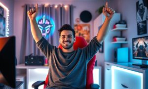 Imagen de un chico youtuber de unos 25 años sentado en su silla gamer frente a su ordenador gamer. El chico está con los brazos en alto en señal de victoria y alegría. Su habitación está decorada con luces led.
