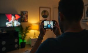 one guy seeing a youtube shorts video on cell phone on a room