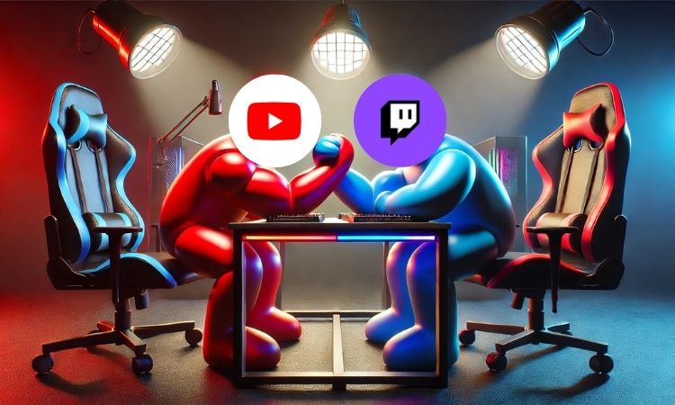 Imagen de dos muñecos redondeados están echando un pulso sobre una mesa de gamer e iluminados por focos. Un muñeco es de color rojo y su cabeza es un círculo blanco con el icono de YouTube, y el otro es azul y su cabeza es un círculo morado con el logo de Twitch