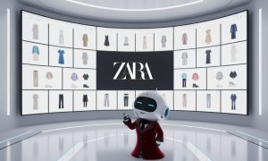 Imagen de un robotito simpático y estiloso frente a una pantalla gigante en la que aparecen varios paneles web que muestran prendas de ropa. En el centro de la pantalla, en grande se ve un panel con el logo de Zara. La sala en la que está el robotito es blanca, tecnológica y luminosa, agradable.