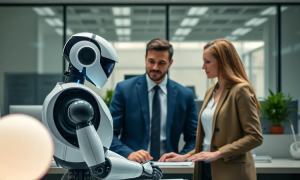 una foto de un robot androide trabajando en una oficina con humanos, como un agente ia