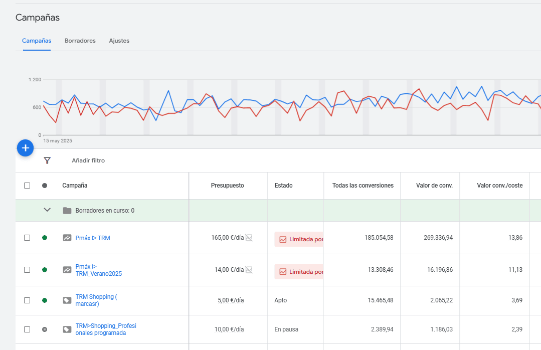 se ven estas campañas en la plataforma de Google Ads:
