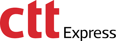 Logotipo de "CTT Express" con letras rojas para "CTT" y negras para "Express"; contexto de mensajería y entrega eficiente.