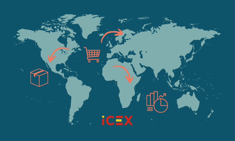 Mapa mundial muestra flechas conectando continentes con iconos de comercio. Texto: "ICEX". Contexto de comercio internacional y logística.
