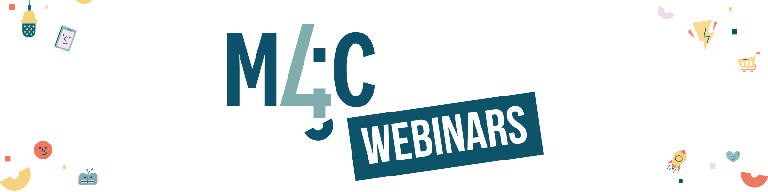 Logo "M4C WEBINARS" en letras grandes, con iconos coloridos alrededor: micrófono, coche, cohete. Fondo blanco. Marketing digital destacado.