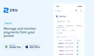 Image of a screenshot of the Zru app, along with the phrase "Manage and monitor payments from your pocket" and the Google Play and App Store logos.