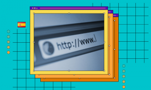 Barra de búsqueda URL "http://www" en pantalla de ordenador; fondo colorido con patrón de cuadrícula y bandera de España. Ideal para marketing digital.