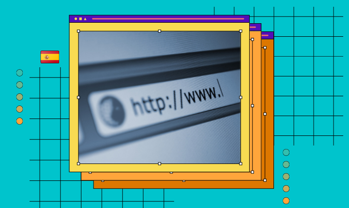 Barra de búsqueda URL "http://www" en pantalla de ordenador; fondo colorido con patrón de cuadrícula y bandera de España. Ideal para marketing digital.