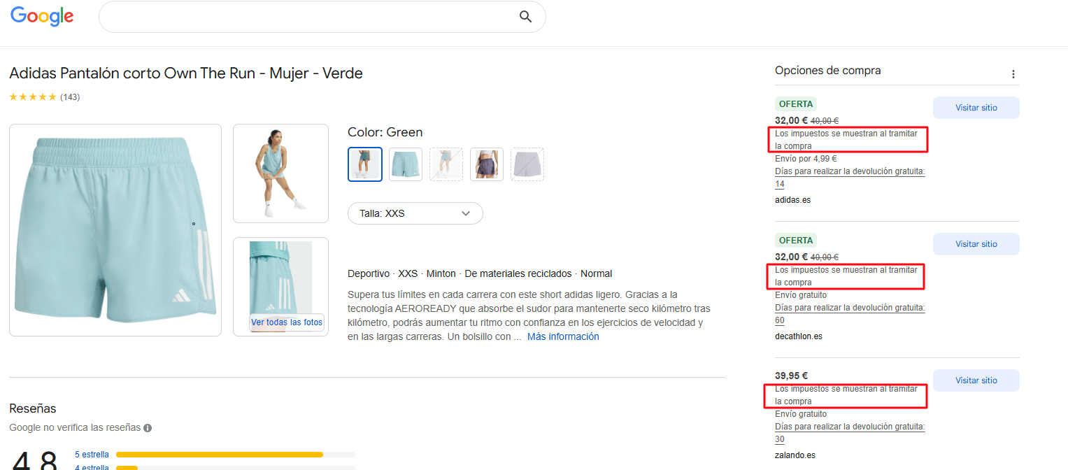 Google ha metido el texto "Los impuestos se muestran al tramitar la compra" a todas las ofertas de Shopping.cuando en realidad el precio es correcto.